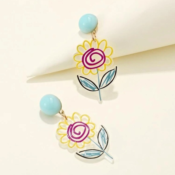 🌸 Adorable Colorful Artsy Scribble Line Drawn Floral Flower Stud Earrings 🌸 - Picture 3 of 3